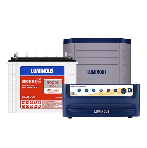 Luminous Hercules 1500 Sine Wave 1400VA 12 Volt Inverter with Red Charge RC 25000 Tall Tubular 200 Ah Battery & Trolley Combo
